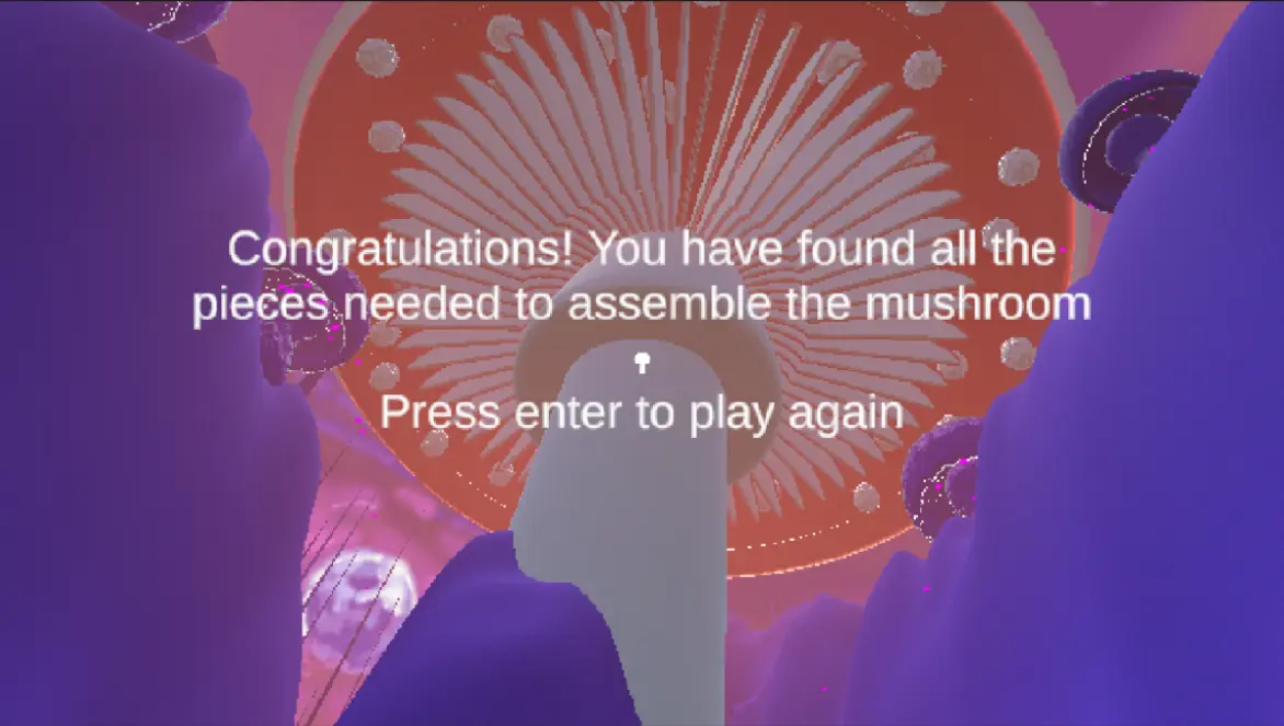 A view of a giant mushroom with a message congratulating the user for completing the game